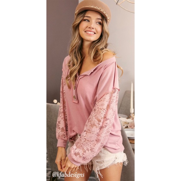 LAST! Button Henley Style Dusty Rose Floral Lace Sleeve Top! - Picture 3 of 13